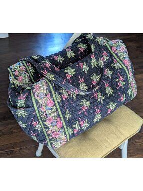 Vera Bradley XL New Hope Black Floral Pink Bows Duffle Travel Shoulder Bag 21.5"